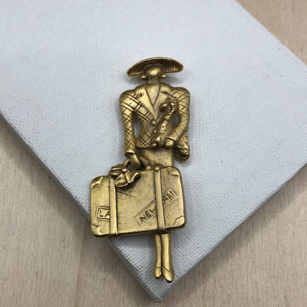 Vintage traveling lady fashionista with small dog brooch statement size
